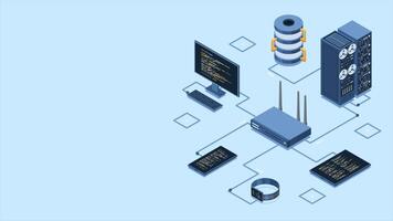 isométrico rede roteador animação. isométrico rede conceito com roteador, computador, Smartphone, e servidor conexão. isométrico tecnologia. 4k animado dentro isométrico estilo. video