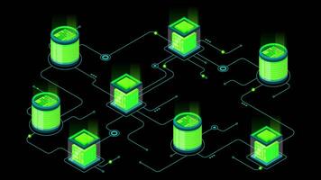 isométrico conceito do grande dados em processamento animação. servidor energia estação do futuro. rede mainframe a infraestrutura. transparente fundo com alfa canal video