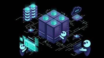 dados Centro e rede hospedagem isométrico animação. nuvem Informática armazenar. isométrico servidor quarto prateleira. isométrico tecnologia. transparente fundo com alfa canal video