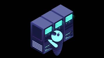 isométrico futurista servidor animação. isométrico base de dados ou dados Centro. abstrato blockchain. nuvem armazenar. computador armazenar. transparente fundo com alfa canal video
