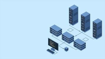 isométrico monitoramento grande dados armazenamento animação. dados transmissão tecnologia. conectados hospedagem tecnologia conceito. isométrico tecnologia. 4k animado dentro isométrico estilo. video