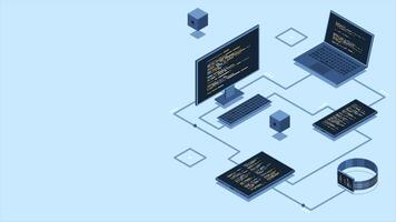 isométrico transferir dados entre diferente dispositivos animação. sincronizando dados entre computador portátil, Smartphone, tábua, e pc. isométrico tecnologia. 4k animado dentro isométrico estilo. video