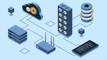 isométrico nuvem tecnologia com servidor animação. isométrico servidor e hospedagem armazenamento tecnologia. rede hospedagem conceito. isométrico tecnologia. 4k animado dentro isométrico estilo. video