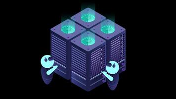 isométrico futurista servidor animação. isométrico base de dados ou dados Centro. abstrato blockchain. nuvem armazenar. computador armazenar. transparente fundo com alfa canal. video