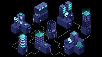 3d isométrico conceito grande dados Centro com servidor animação. nuvem Informática. rede mainframe a infraestrutura. isométrico Alto tecnologia. transparente fundo com alfa canal video