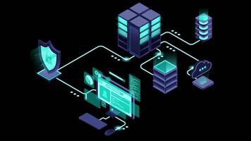 vpn proteção com uma escudo animação. virtual privado rede segurança tecnologia conceito. cyber segurança. isométrico tecnologia. transparente fundo com alfa canal video