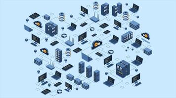 isométrico dados rede gestão animação. nuvem armazenamento dados e sincronização do dispositivos. rede, base de dados, nuvem armazenar. isométrico tecnologia. 4k animado dentro isométrico estilo, video