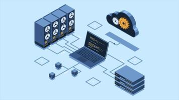 isométrico nuvem tecnologia Informática animação. nuvem armazenar. isométrico rede com computador, computador portátil, e servidor. isométrico tecnologia. 4k animado dentro isométrico estilo. video