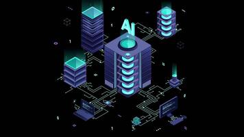 isométrico artificial inteligência tecnologia animação. isométrico nuvem Informática conceito. artificial inteligência neural rede futuro tecnologia. transparente fundo com alfa canal video
