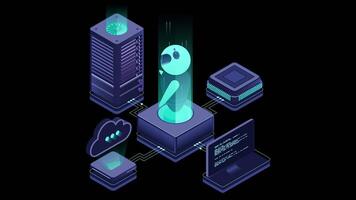 künstlich Intelligenz Roboter Animation. System Analyse. groß Daten wird bearbeitet. Maschine Lernen Technologie. isometrisch Technologie. transparent Hintergrund mit Alpha Kanal video