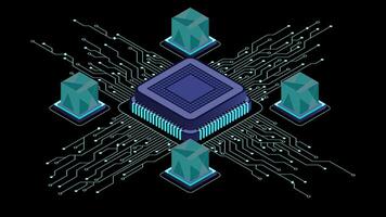 isométrico artificial inteligência lasca animação. artificial inteligência conceito. futurista microchip processador. isométrico tecnologia. transparente fundo com alfa canal. video