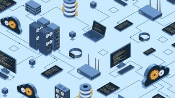 isométrico dados rede gestão animação. nuvem armazenamento dados e sincronização do dispositivos. rede, base de dados, nuvem armazenar. isométrico tecnologia. 4k animado dentro isométrico estilo. video