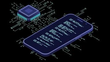 isométrico Smartphone com ai animação. artificial inteligência e Smartphone conceito. Smartphone com futurista artificial inteligência processador. transparente fundo com alfa canal. video