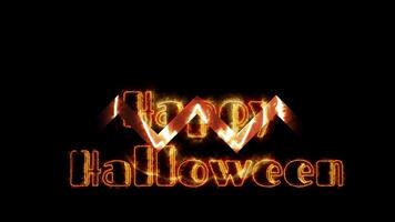 raggiante contento Halloween Messaggio nel fiammeggiante arancia testo con fumoso effetti su un' nero sfondo. grassetto e drammatico vacanza design con spaventoso vibrazione e copia spazio. video