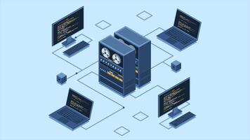 Isometric server connecting computers animation. Network connection. Computing internet digital technology. Web hosting concept. Isometric technology. 4K animated in isometric style. video