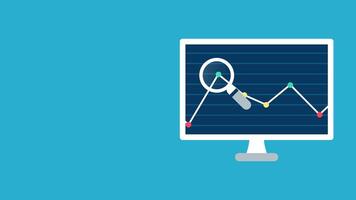 platt animering design av en dator skärm med linje Graf och förstorande glas. lämplig för stock företag, finansiera, analys, och teknologi teman. blå bakgrund. video