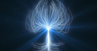 ein dynamisch Digital Komposition mit ein wachsend leuchtenden Blume von gebogen Linien auf ein dunkel Hintergrund. ein abstrakt glühen ist Ideal zum Darstellen Energie, Technologie, oder spirituell Wachstum.98765 video