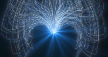 A dynamic digital composition with a growing shining flower of curved lines on a dark background. An abstract glow is ideal for representing energy, technology, or spiritual growth.233445678 video