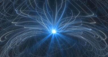 en dynamisk digital sammansättning med en växande lysande blomma av böjd rader på en mörk bakgrund. ett abstrakt glöd är idealisk för representerar energi, teknologi, eller andlig tillväxt.65 video