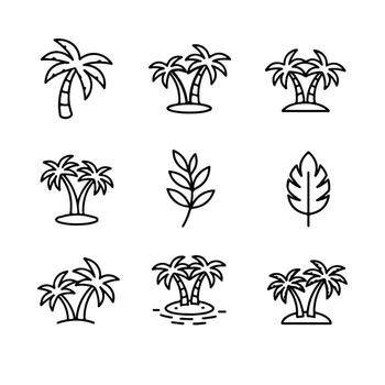 small palm tree icons in various shapes single tree, twin trees, palm leaf only all in bold black line style, minimalist and clean, perfect for logo or t-shirt design. vector