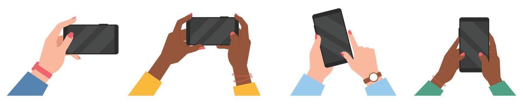 Diverse hands with different skin tones holding and using smartphones, different positions gestures illustration vector