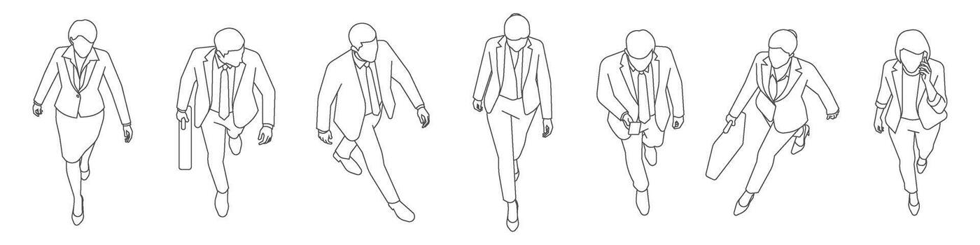 CAD drawing of business people in formal attire walking carrying briefcases bags, floor plans mapping architectural elements with line style set illustration vector