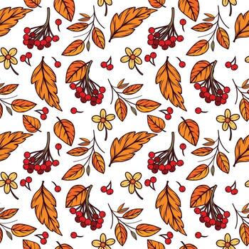 Seamless pattern of rowan berries, leaves, yellow flowers, twig. All objects are hand-drawn in . The illustration is suitable for printing on fabric, paper, creativity and design. vector