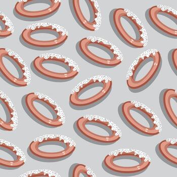 Illustration depicting sweet steering wheel with icing and poppy seeds with shadow. Isolated on gray background. Seamless pattern. vector