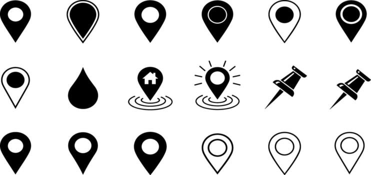 Collection of black map pin and location marker icons in a silhouette style. Includes various pointers and pushpins, ideal for navigation apps and UIs vector