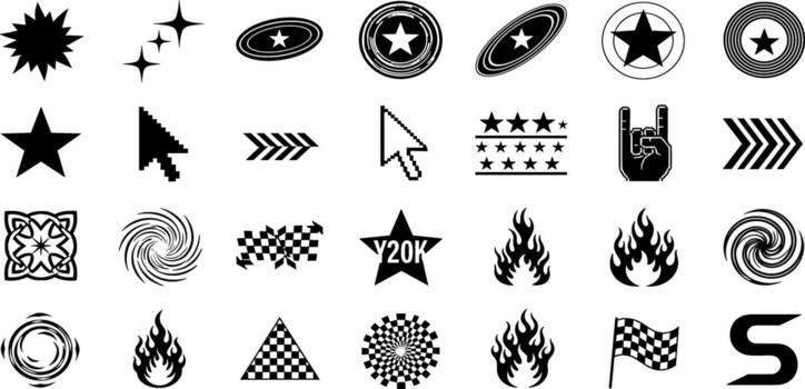 Collection of Diverse Graphic Elements Stars, Arrows, Flames, and Decorative Symbols vector