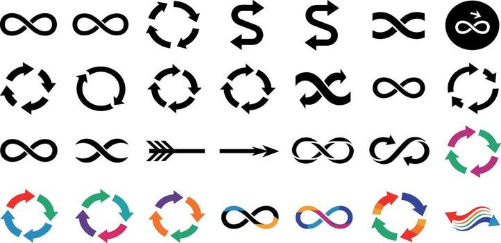Endless Cycle Arrows and Infinity Symbols in Motion for Continuous Processes vector