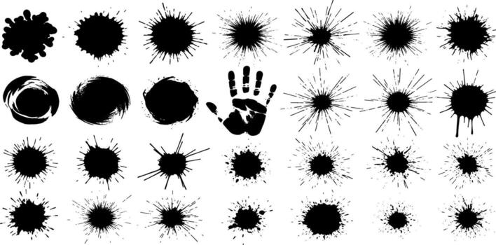 Grunge collection of black ink splats, paint splashes, and dirty brush strokes. Abstract design elements featuring various stains and a handprint perfect for creative illustrations vector