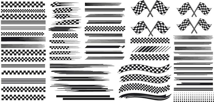 Racing flag and speed motion element set. Diverse checkered patterns and stripes for automotive design and decoration. Finish line icons for logos, decals, and illustrations vector