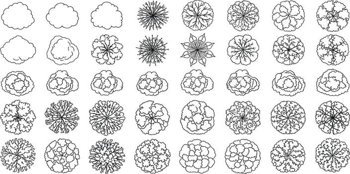 Top view tree collection for architectural and landscape design plans, graphic elements, and artistic rendering vector