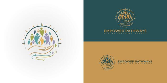 The compassionate logo features a guiding hand supporting diverse figures within a compass. This symbolizes empowerment, self-directed pathways, community, and inclusive support for all. vector