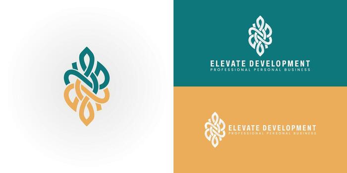 Abstract and modern logo of an interwoven knot that creates a flame-like or leaf-like form. This design represents dynamic and interconnected paths of development and progress. vector