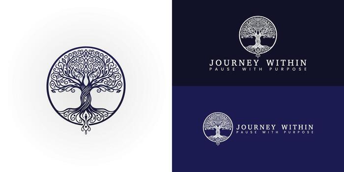 The elegant, flowing Tree of Life is encircled in a round frame, symbolizing the journey of personal renewal and guiding authentic experiences such as volunteering and sabbaticals. vector