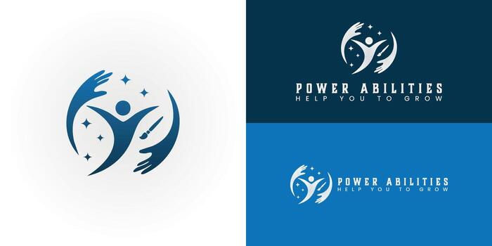 A dynamic circle featuring an empowered individual with open arms, framed by supportive hands. Stars symbolize potential, and a paintbrush represents creativity and vocational skills. vector