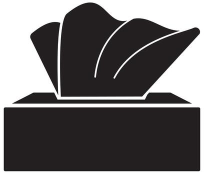 silhouette of a tissue box with a paper napkin, a simple glyph pin map icon representing hygiene, cold, and flu symptoms, isolated on white background vector