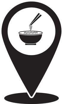 Monochrome map pointer icon with a steaming bowl of noodles, symbolizing a restaurant location, Asian food guide, or delivery service vector
