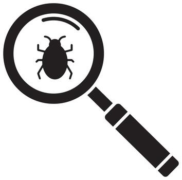 A black and white icon of a magnifying glass over a bug, representing concepts like software debugging, virus detection, quality assurance, and pest inspection vector