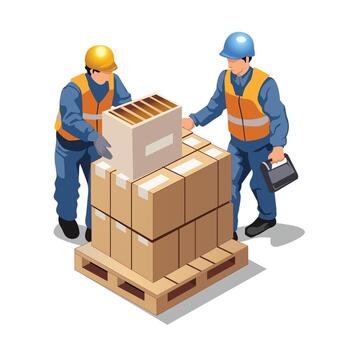 Workers stacking boxes on a pallet vector