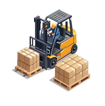 Forklift lifting boxes in warehouse vector