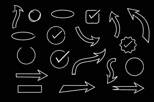 Hand-drawn Chalk Sketch Arrows, Circles, and Check Marks Set on Black Background. vector