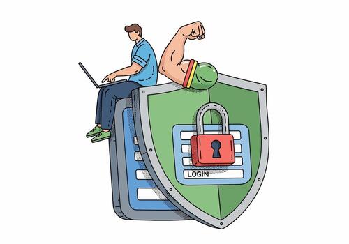 seguro iniciar sesión proteccion persona en ordenador portátil con proteger bloquear y fuerte brazo simbolizando la seguridad cibernética vector