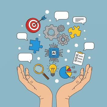 AI Innovation and Strategy Hands Holding Brainstorming Icons for Business Growth Technology and Problem Solving vector