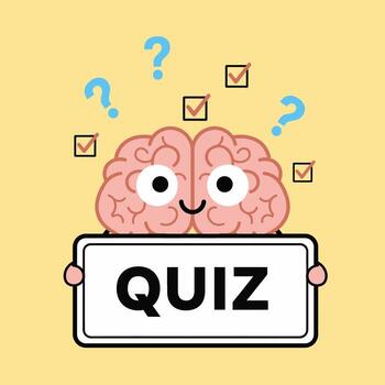 Cute Cartoon Brain Character Holding QUIZ Sign with Question Marks and Checkmarks Fun Educational Concept vector