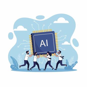 Team of People Carry Large AI Microchip Symbolizing Artificial Intelligence Development and Collaboration in Technology vector