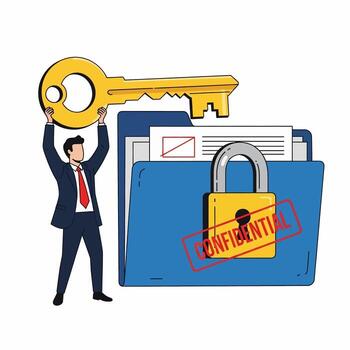Businessman Holding Key to Confidential Data and Secure Folder with Padlock Corporate Security and Privacy Concept vector