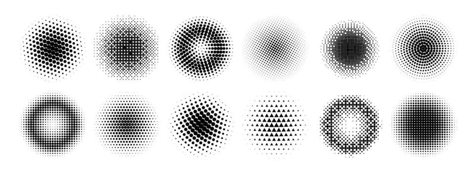 Halftone radial gradient collection. Dotted texture round patterns. Comic faded circles background set. Abstract pixelated element pack for frame, poster, collage, banner, flyer. Cartoon bundle vector